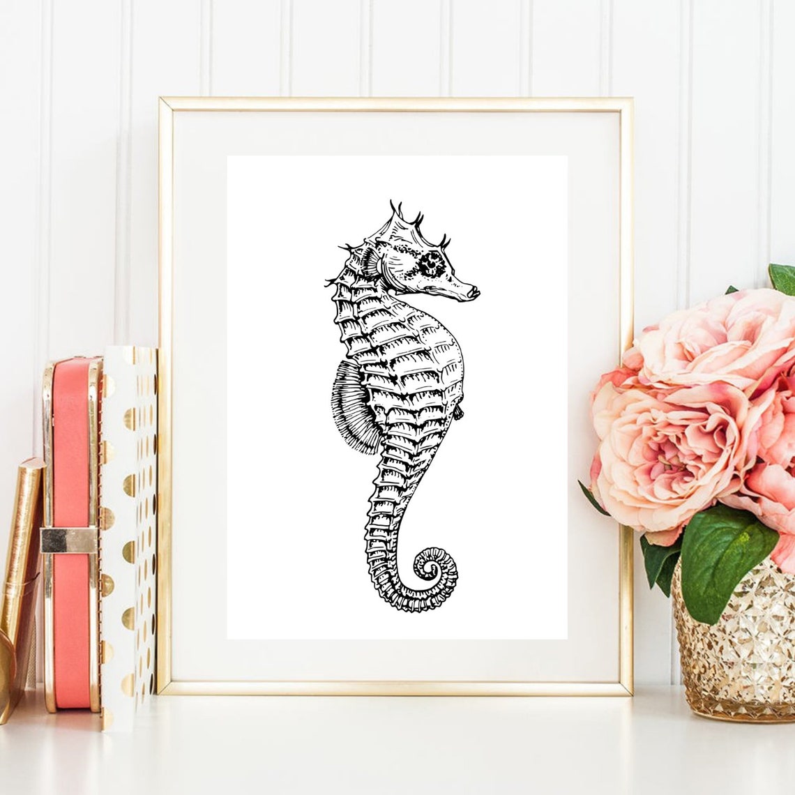 Seahorse Vintage Engraving Illustration Poster Black White Sea Animal