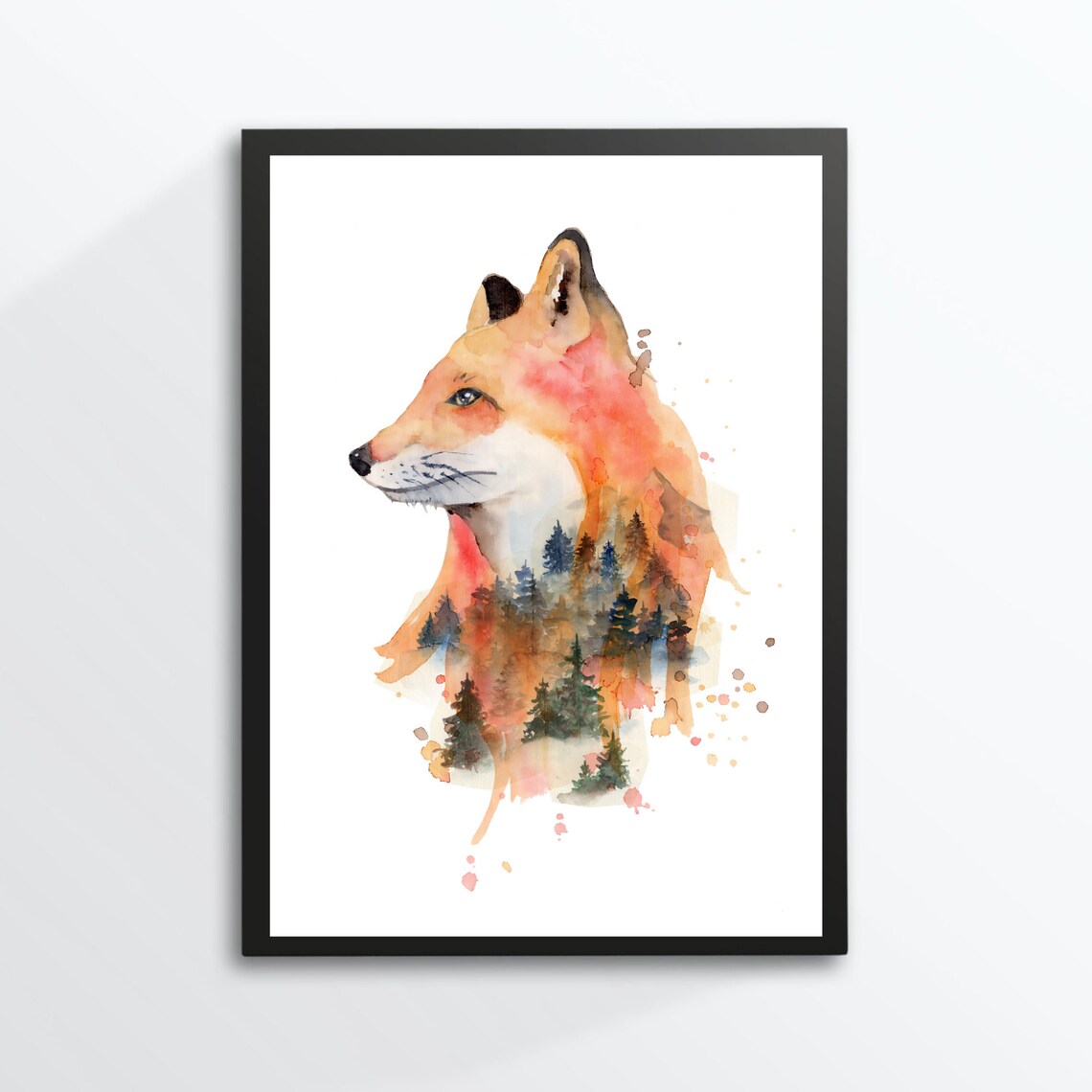 Fox Head Forest Double Exposure Watercolor Woodland Animal Art Poster - Image 3