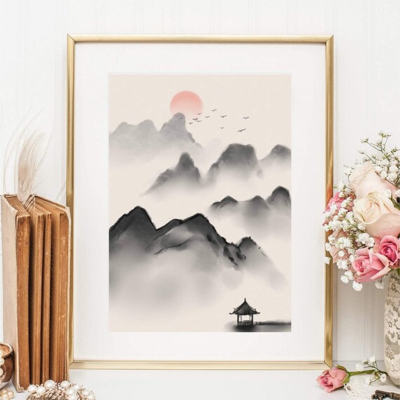 Din A4 Art Print Din A4 Without Frame Asian Landscape Art China Japan Mountains Sun Asia Ink Print Picture