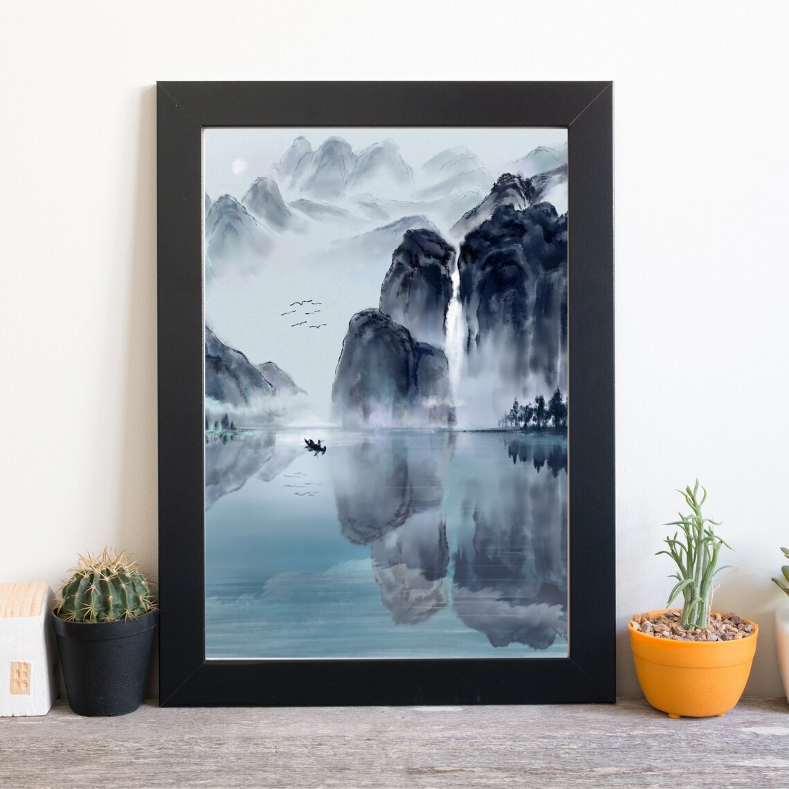 Chinese Ink Painting Misty Mountains Lake Fisherman Watercolor Print Poster - Image 3