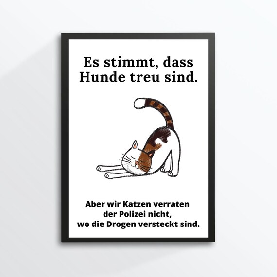 Funny Stretching Cat German Quote Cartoon Poster for Cat Lovers Humor