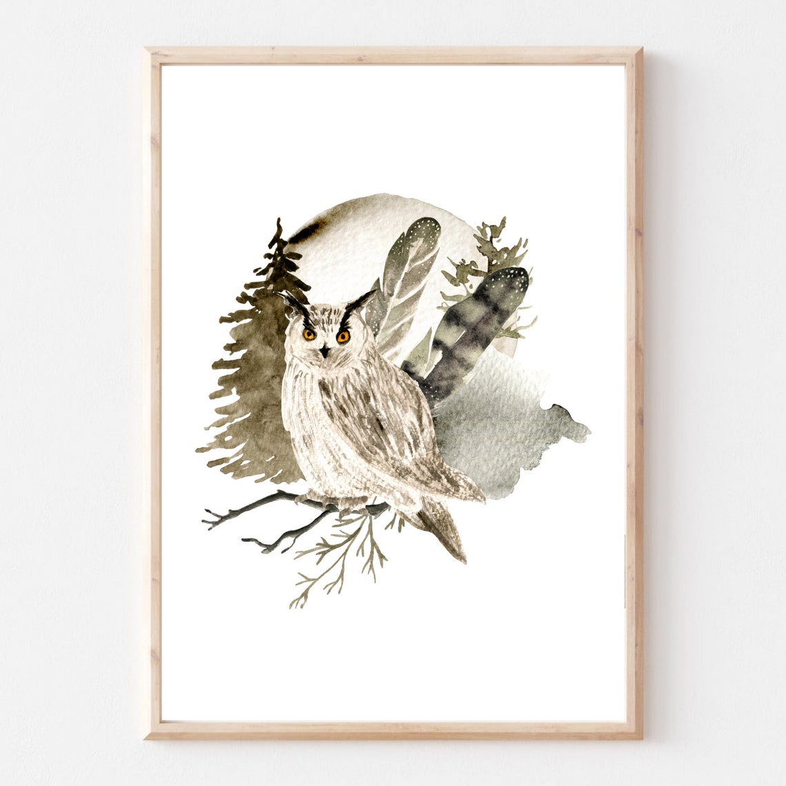 Long Eared Owl Watercolor Perched Branch Moonlit Forest Art Print - Image 2