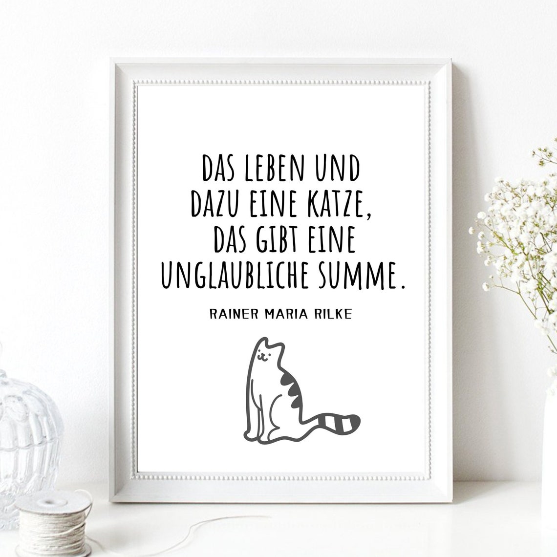 Rilke Life Plus a Cat Quote Cute Kitten Line Art Wall Art Print - Image 2