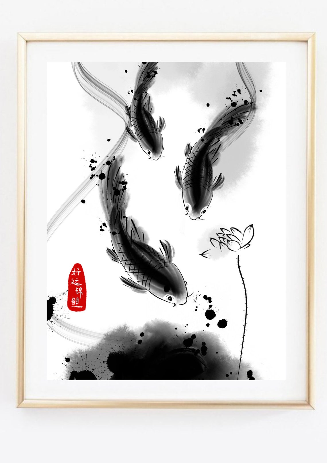Black Ink Koi Fish Lotus Flower Japanese Zen Watercolor Poster - Image 3