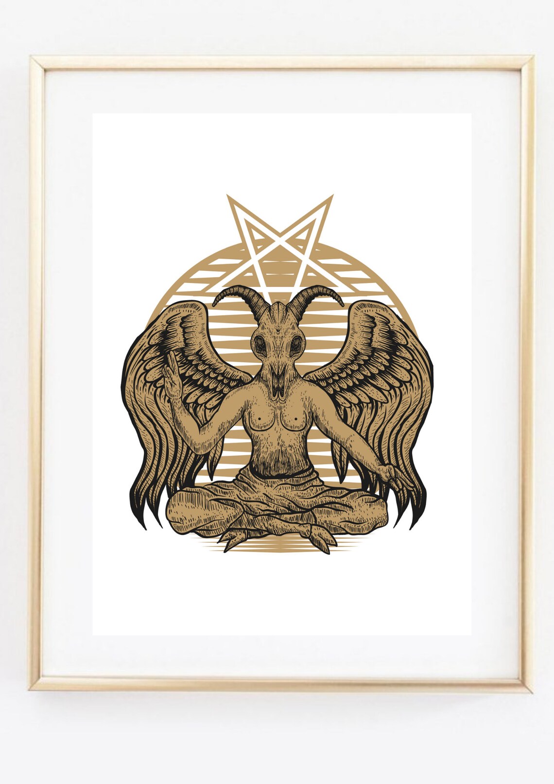 Baphomet Occult Illustration Gold Pentagram Gothic Esoteric Wall Art Print - Image 2