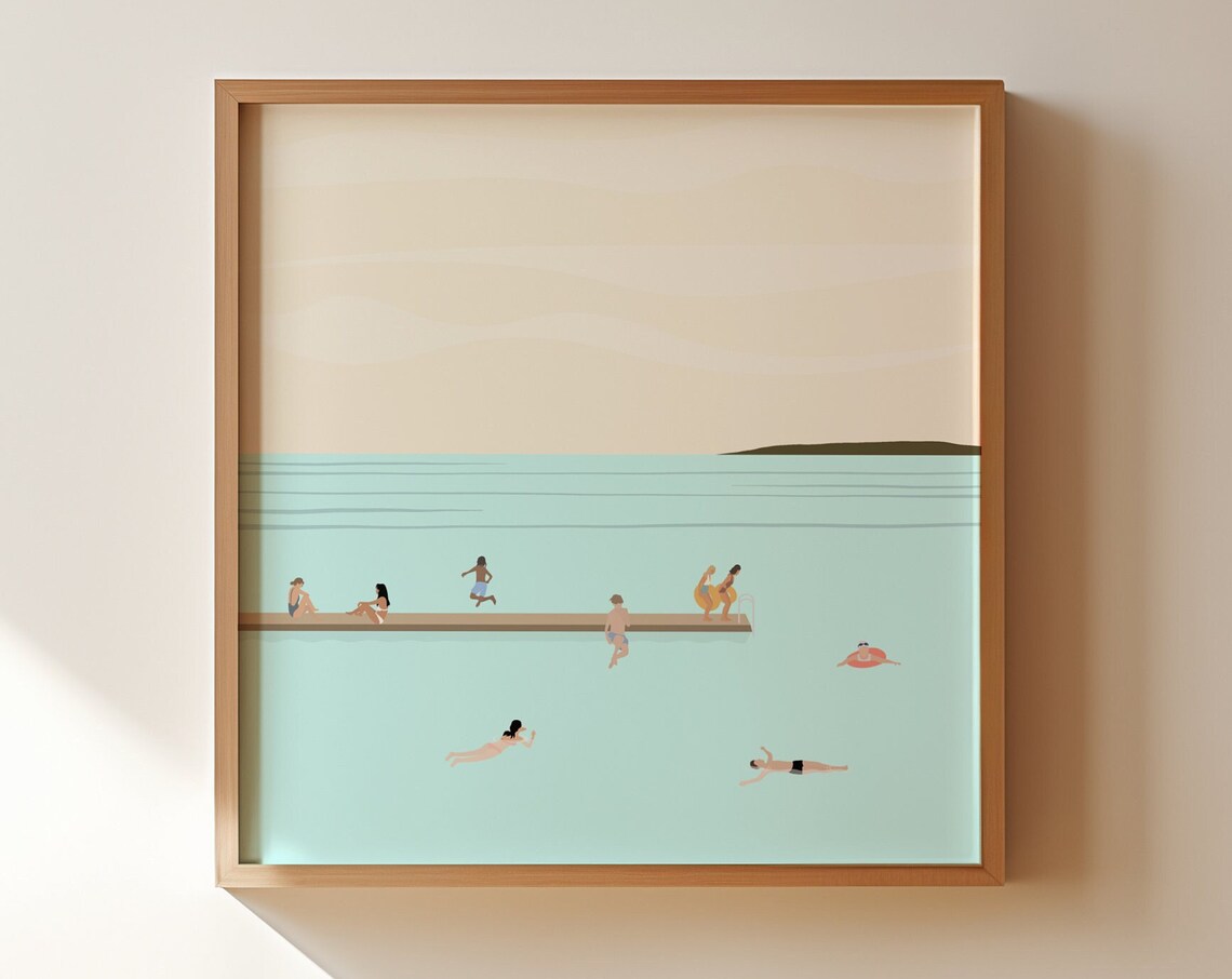 Tiny People Swimming In Lake Art Print, Minimalist - Image 3