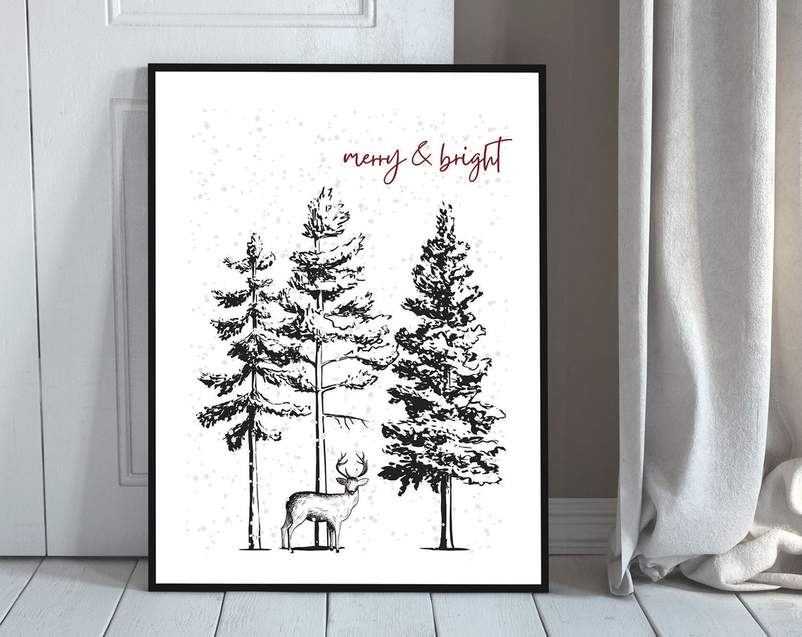 Merry and Bright Reindeer Snowy Pines Forest Wall Decor Poster