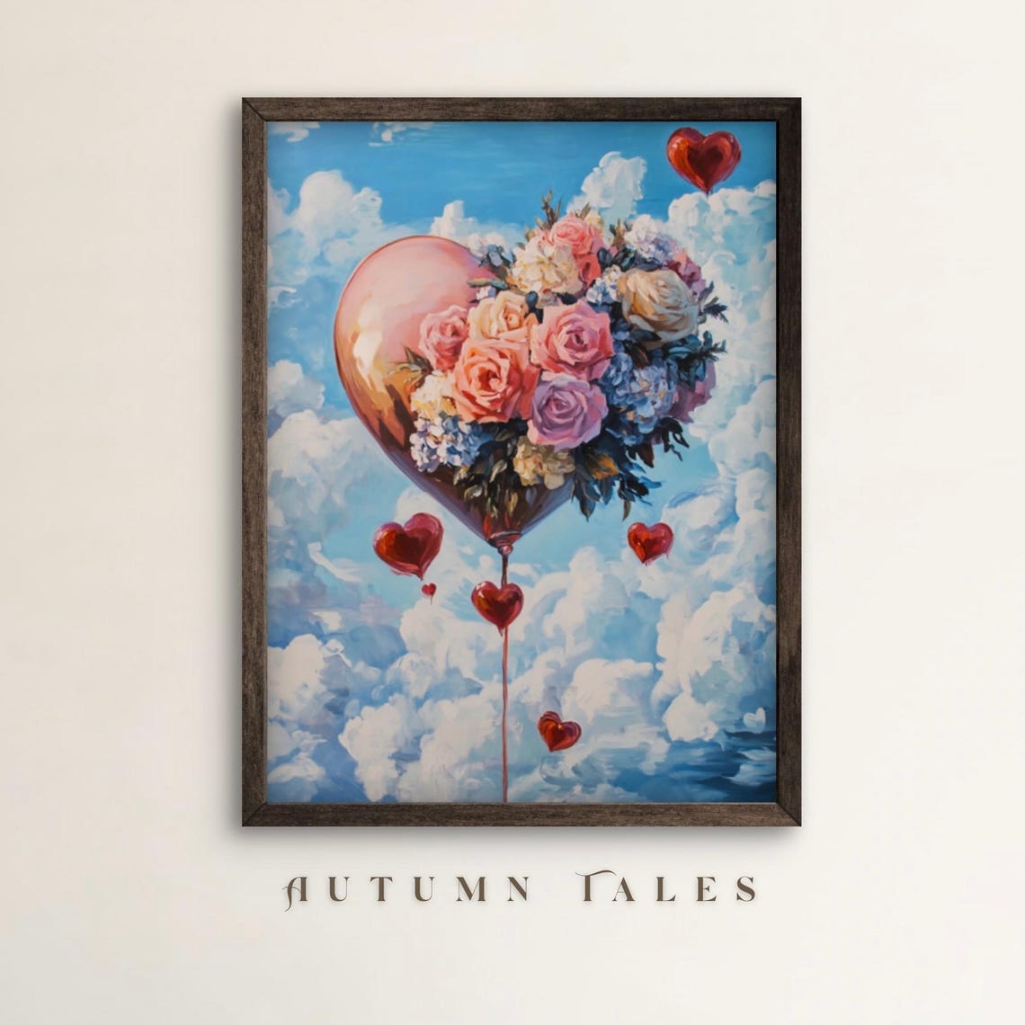 Floral Heart Hot Air Balloon Cloudy Blue Sky Romantic Art Poster
