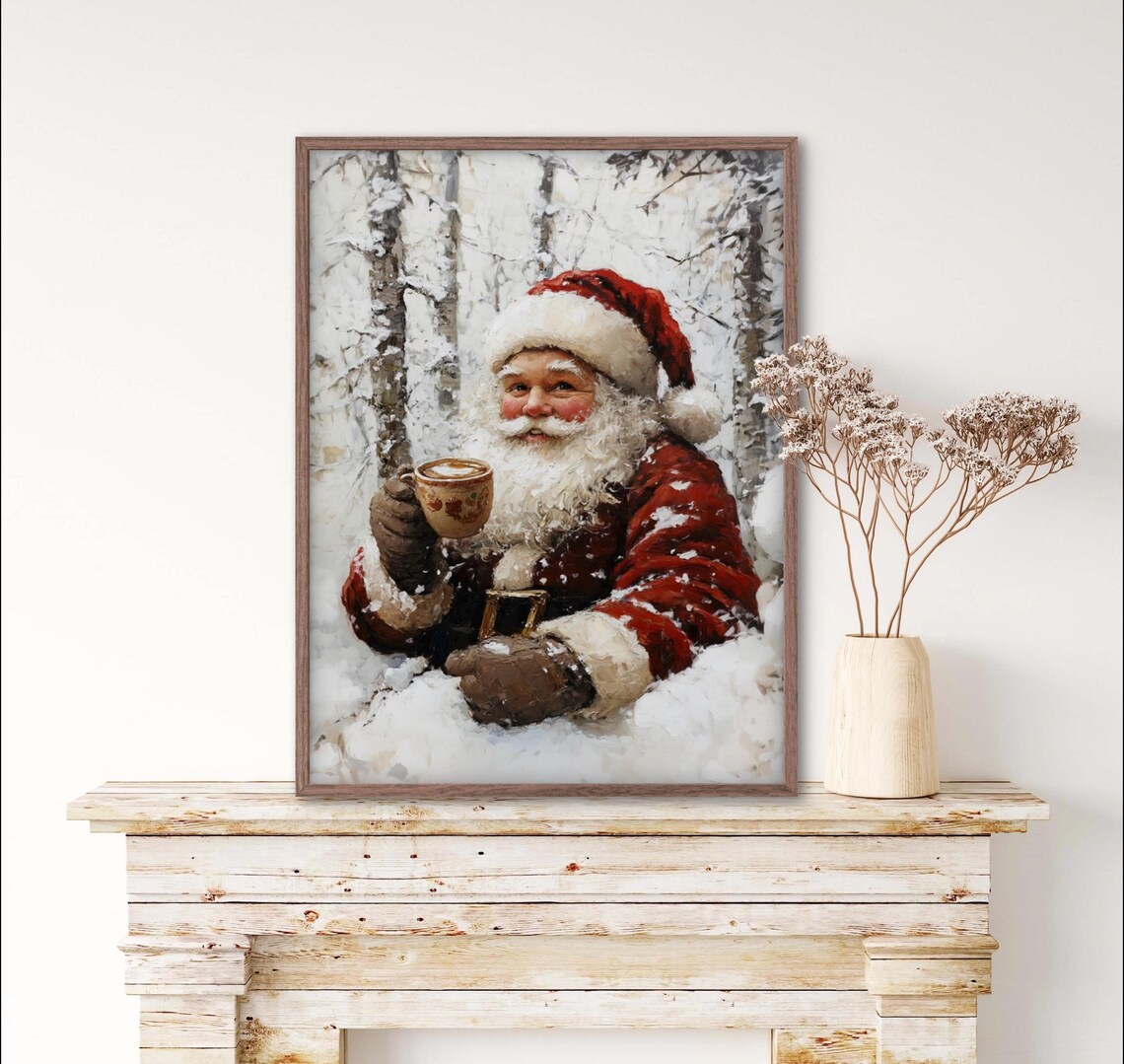 Vintage Santa Having Coffee Art Print, Winter Landscape - Image 2