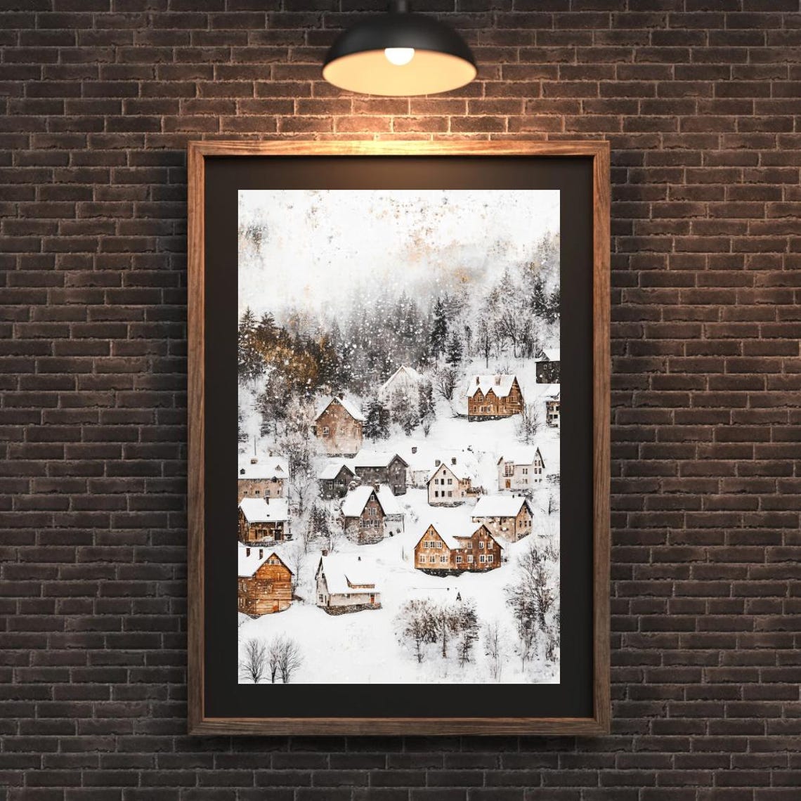 Winter Cottagrcore Wall Art Print Of A Mountain Landscape Moody Farmhouse Decor Of Tiny Home In Snow Covered Village In Christmas - Image 4