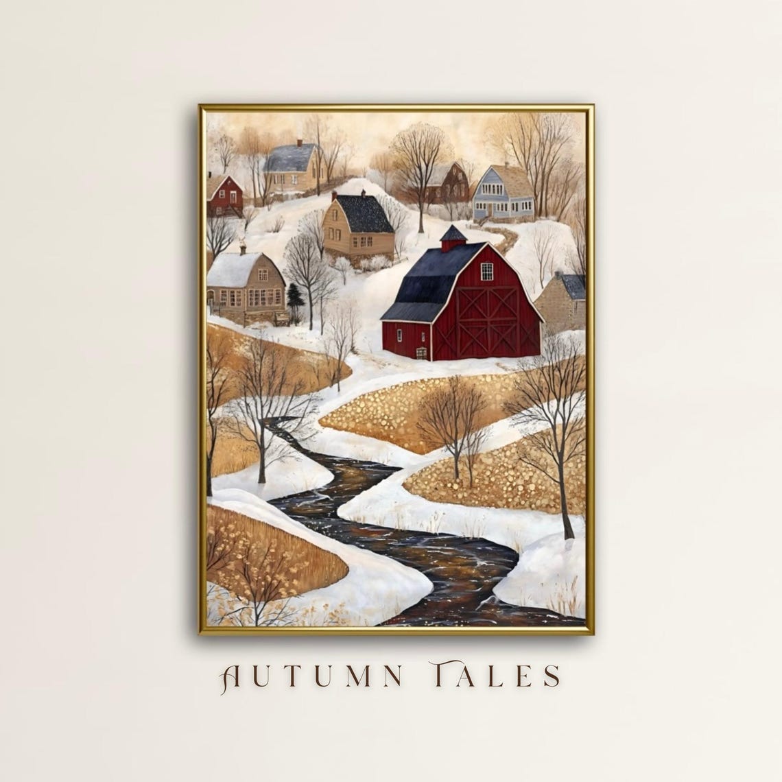 Folk Art Snowy Farm Town With Red Barn And Winter River Art Print