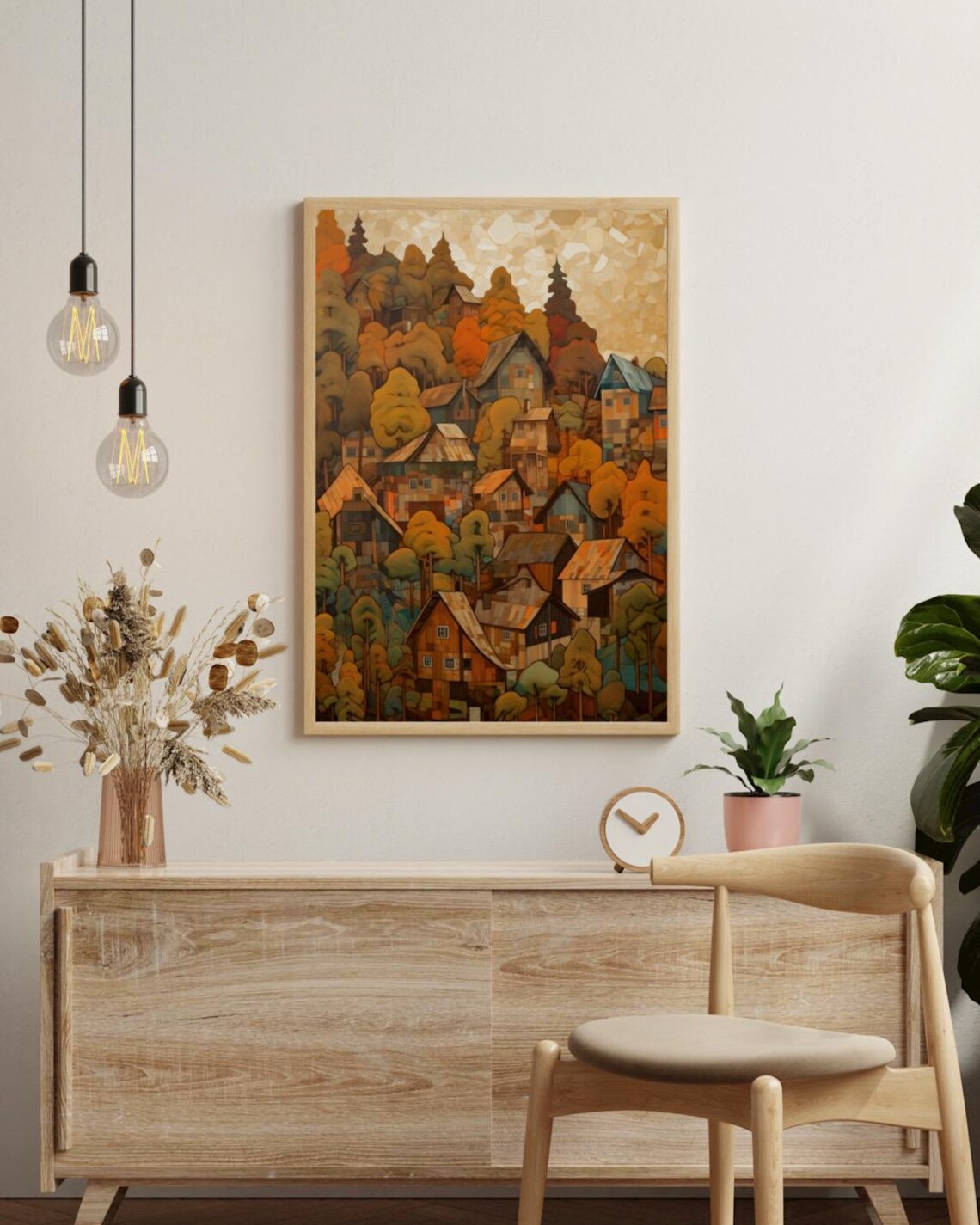 Folk Art Mountain Village With Orange Autumn Trees and Houses Wall Art - Image 4