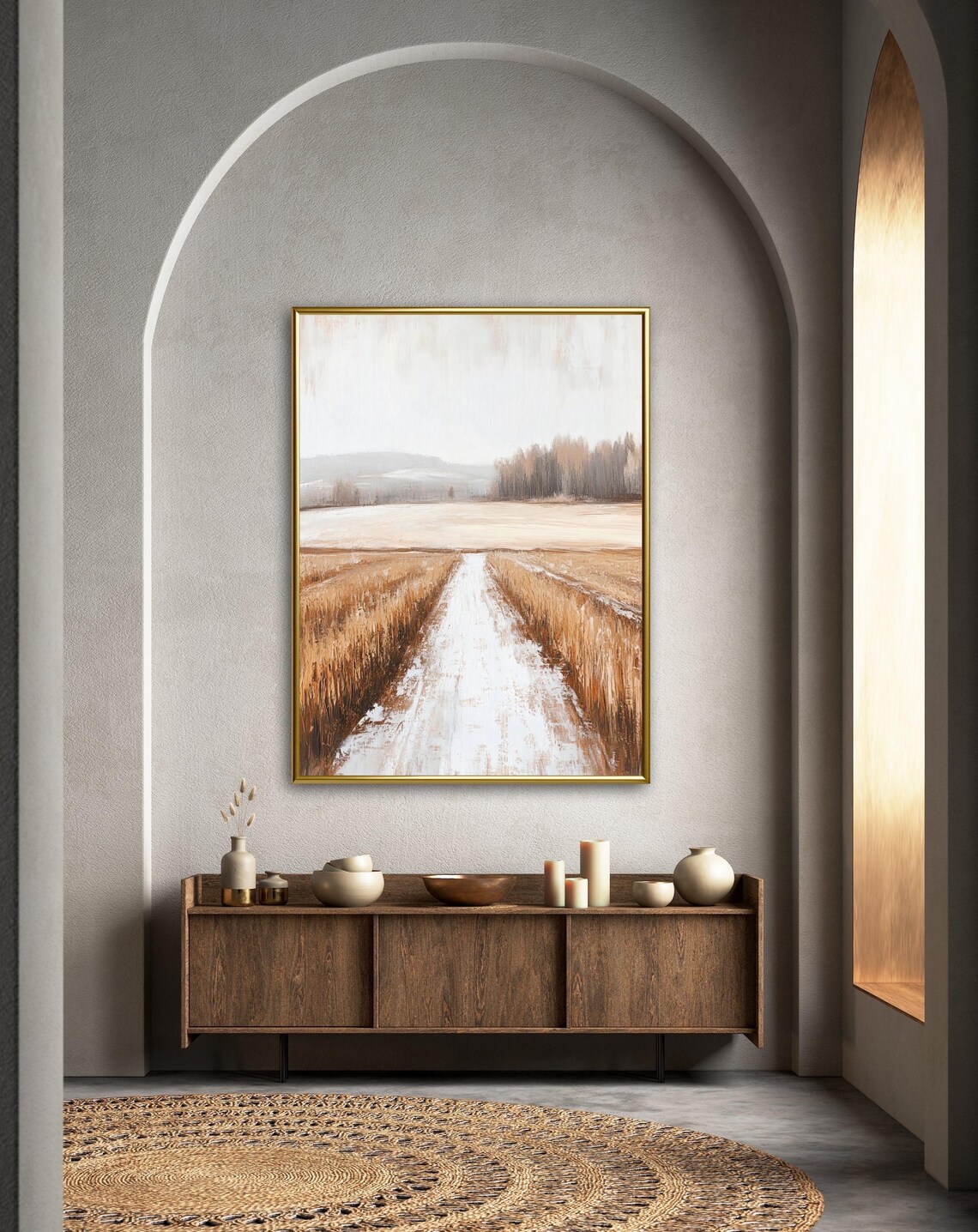 Snowy Path Through Golden Wheat Field Misty Minimalist Winter Landscape Print - Image 2