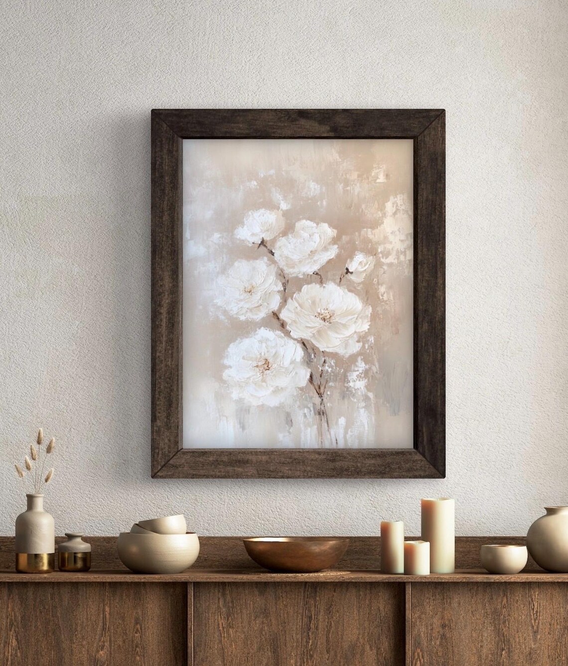 White Peonies on Soft Beige Abstract Minimalist Floral Wall Art Print - Image 2