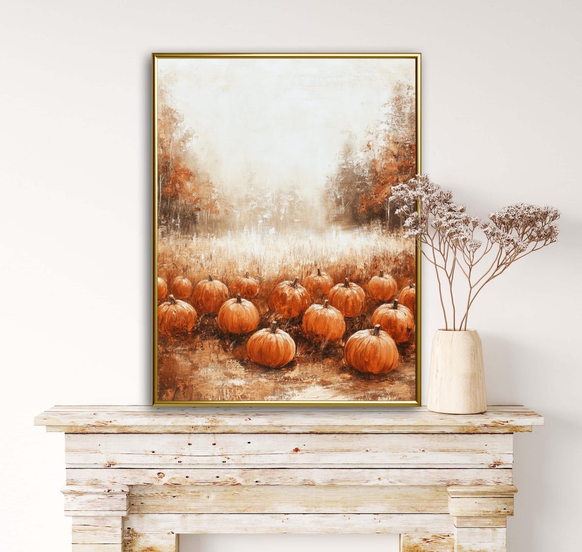 Cozy Rustic Orange Pumpkin Patch In Misty Autumn Field Art Print - Image 4