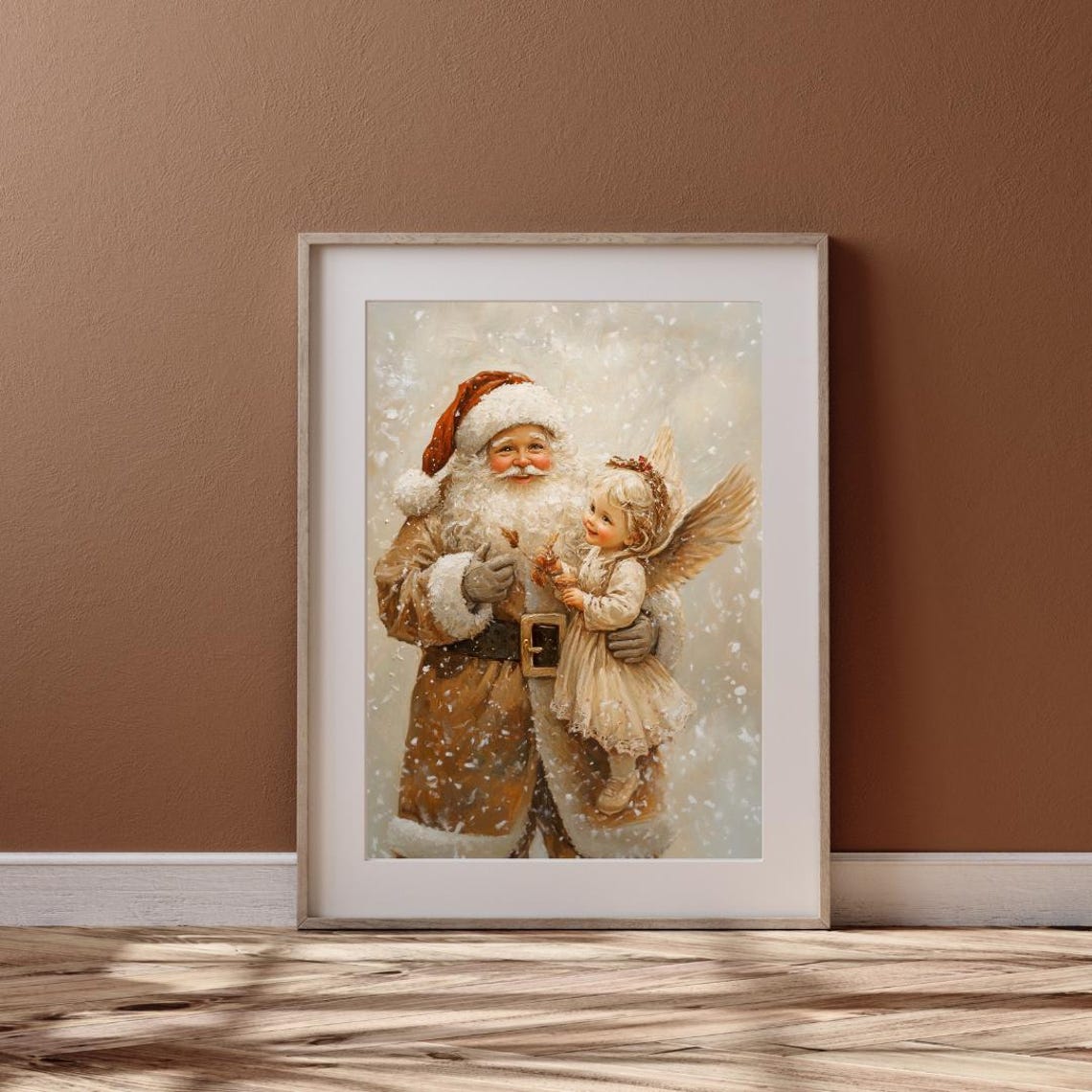 Santa And Christmas Angel Wall Art Print Vintage Christmas Decor Print Beige Earthy Tone Winter Festive Print Angelic Girl - Image 6