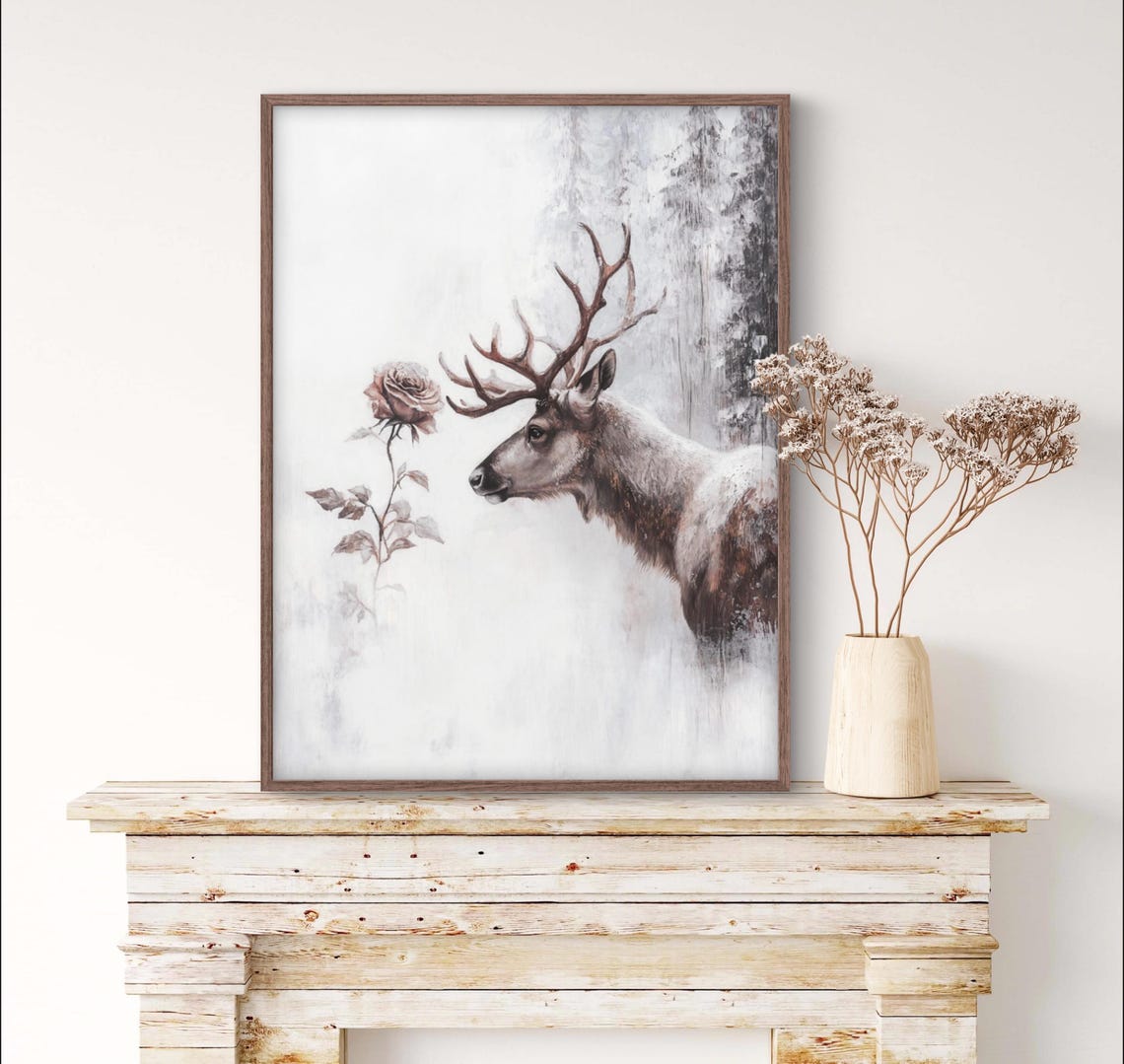 Winter Deer Rose Moody Snow Forest Rustic Christmas Poster Decor - Image 4