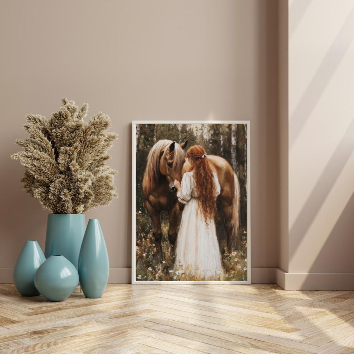 Red Haired Girl with Brown Horse in Flower Forest Vintage Wall Art Poster - Image 2