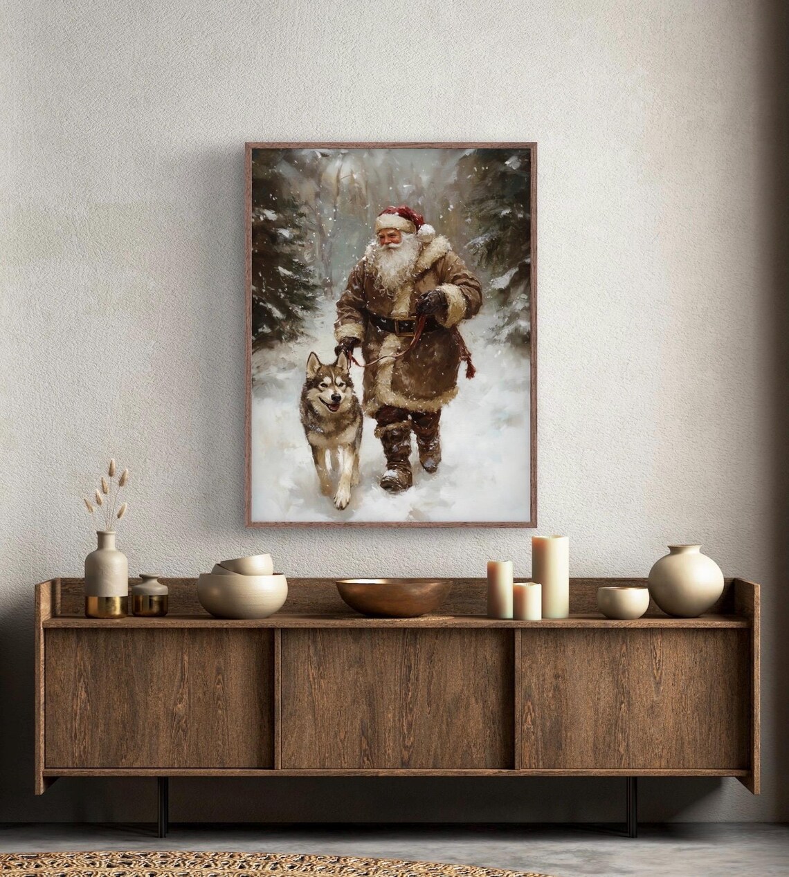Santa Husky Dog Vintage Christmas Landscape Art Print - Image 5