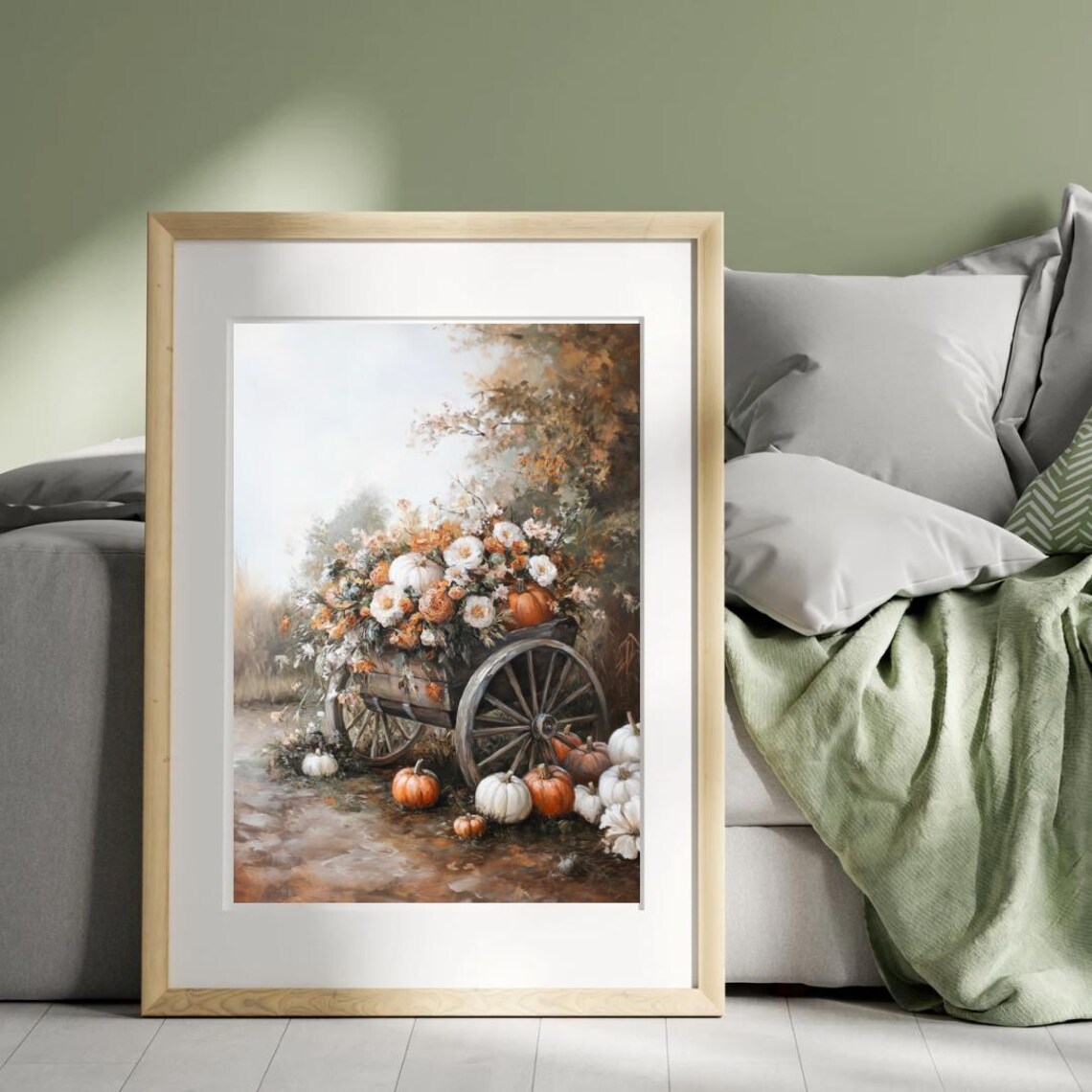 Vintage Cart Loaded With Pumpkins and Flowers Pumpkin Patch Fall Wall Art - Image 3