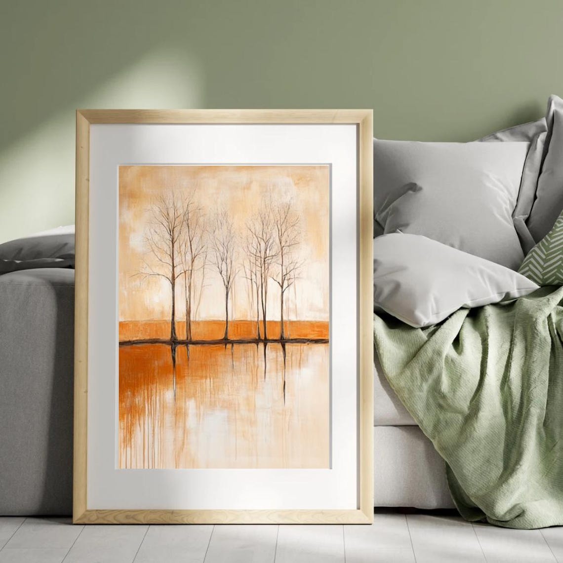 Warm Minimalist Autumn Trees Reflected In Orange Water Art Print - Image 3