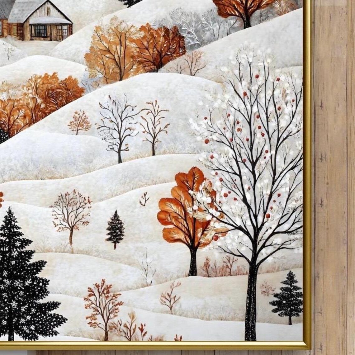 Folk Art Snowy Hillside Farmhouse In Winter Landscape Art Print - Image 2