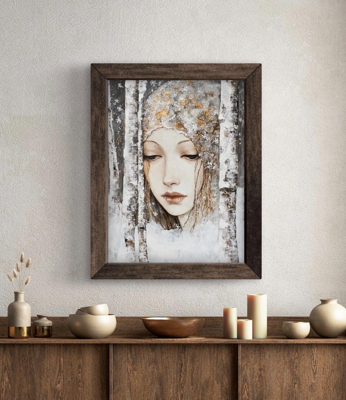 Winter Woman Portrait Emerging from Snowy Birch Forest Klimt Inspired Wall Art - Image 5