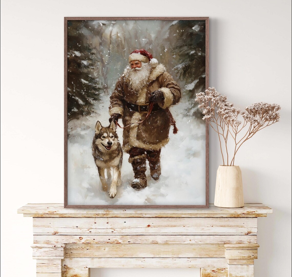 Santa Husky Dog Vintage Christmas Landscape Art Print - Image 3