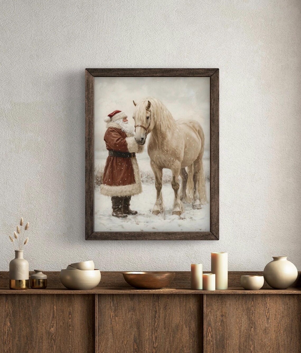 Vintage Santa Beige Clydesdale Horse Christmas Art Print - Image 5