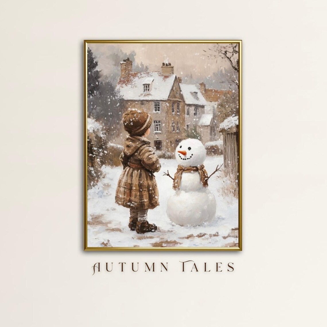 Vintage Snowman Winter Art Print, English Village - Image 4