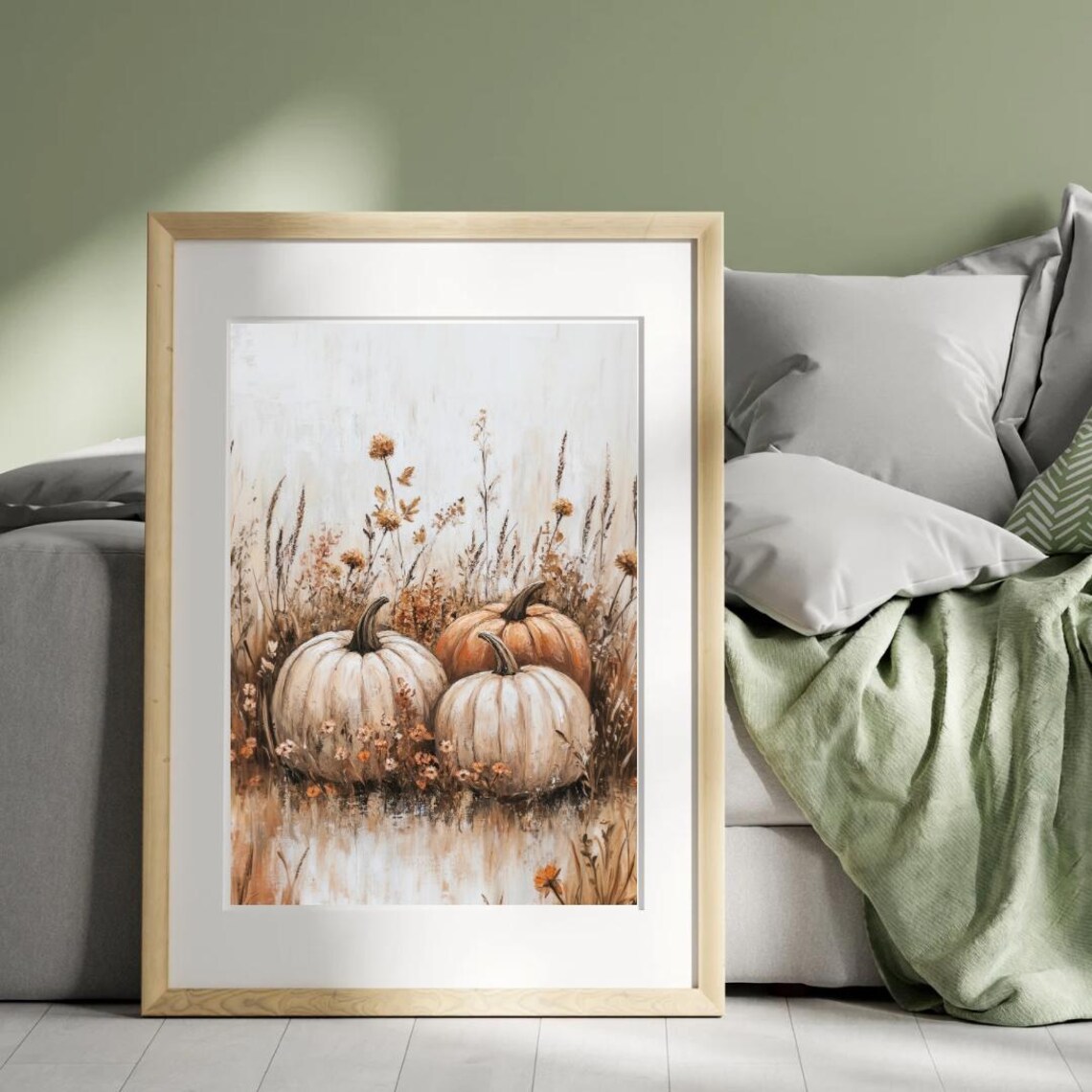 White and Orange Pumpkins in Tall Wheat Grass Autumn Field Wall Art - Image 4