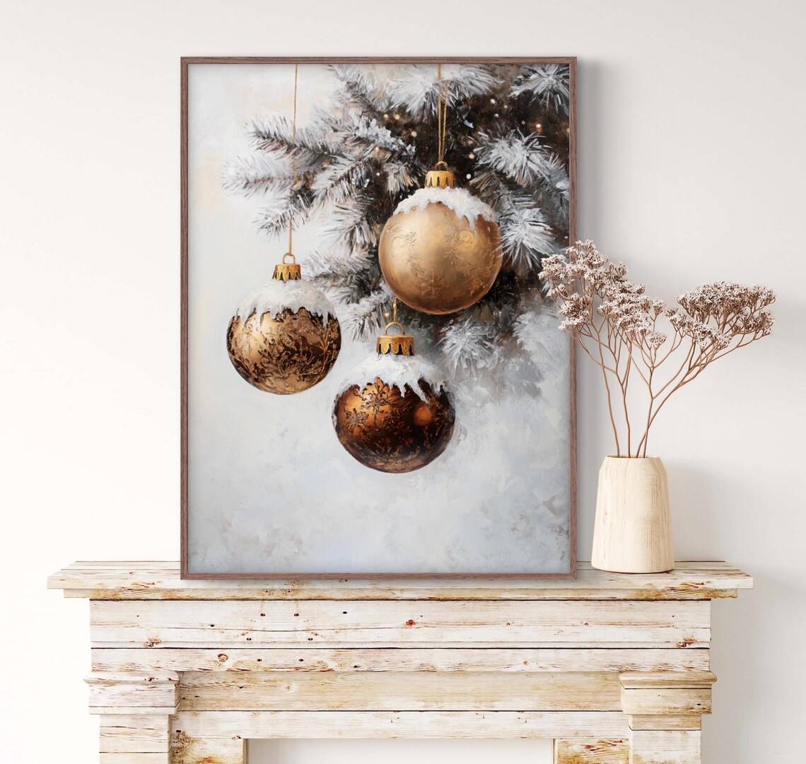Gold Christmas Ornament Art Print, Snowy Pine Tree - Image 4