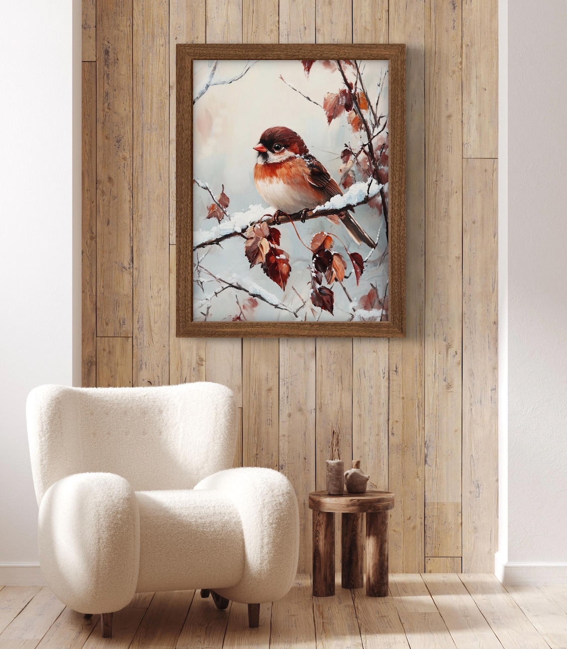 Red Headed Sparrow On Snowy Branch With Rust Leaves Vintage Bird Art Print - Image 4