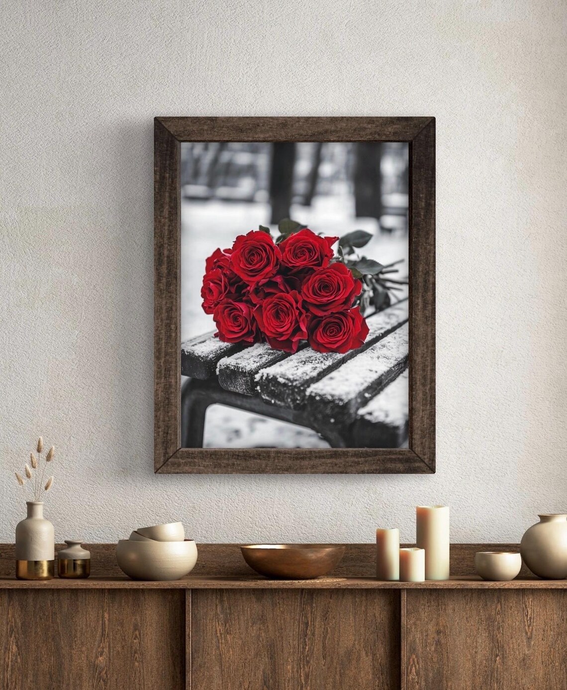 Red Roses Bouquet On Snowy Park Bench Winter Black White Photo Poster - Image 5