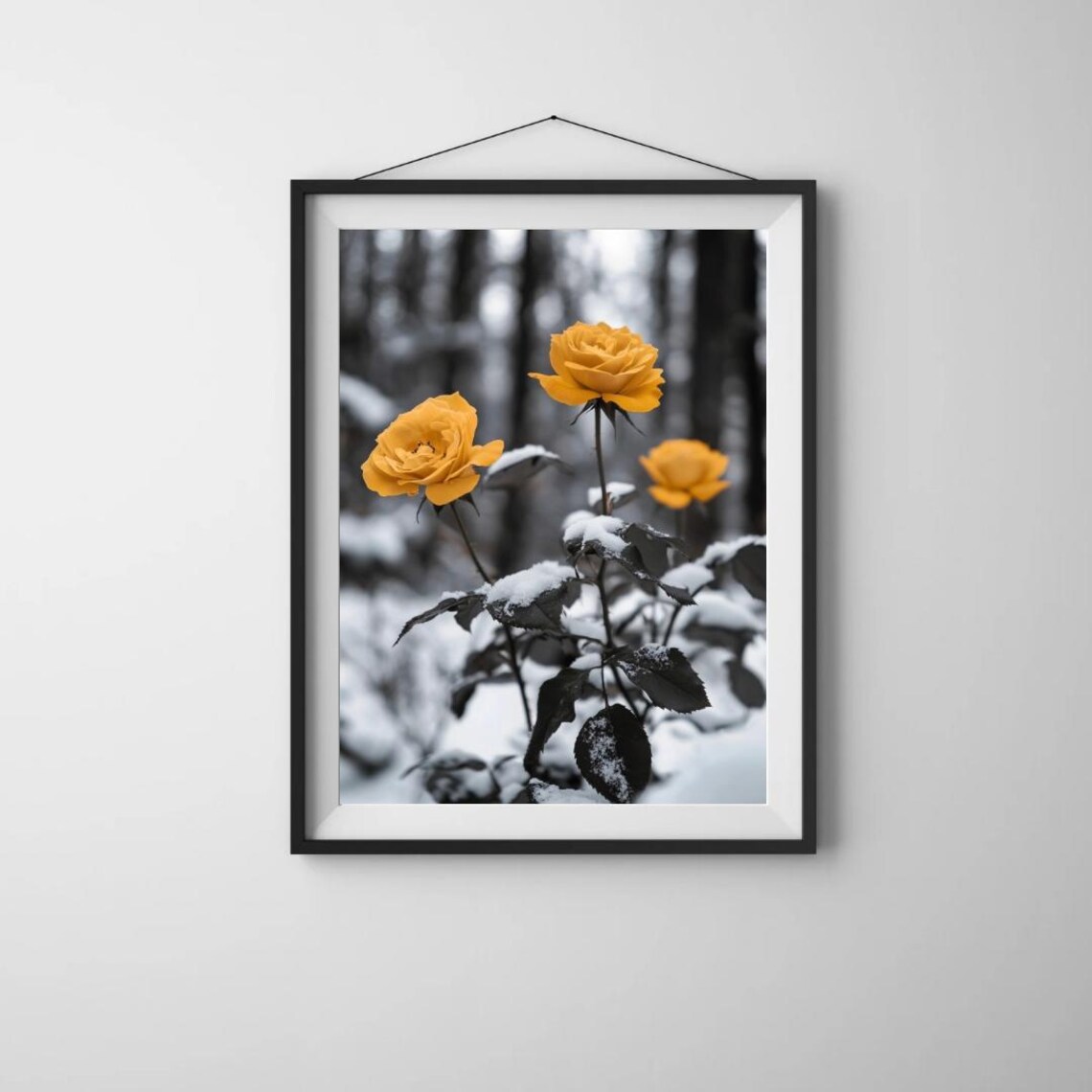 Golden Yellow Roses In Snow Black And White Winter Forest Photo Wall Print - Image 4