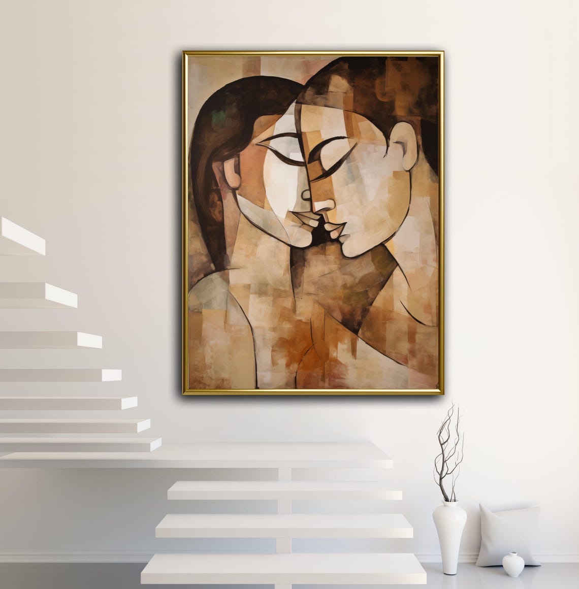 Cubist Couple Faces Embrace Abstract Love Modern Neutral Tone Wall Art - Image 2