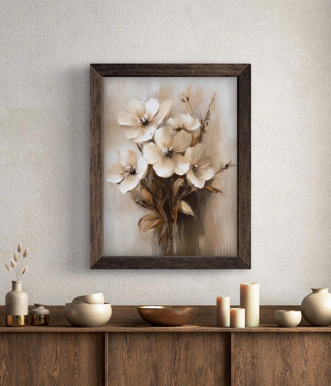 White and Cream Blossoms on Branch Neutral Botanical Wall Art Print - Image 5