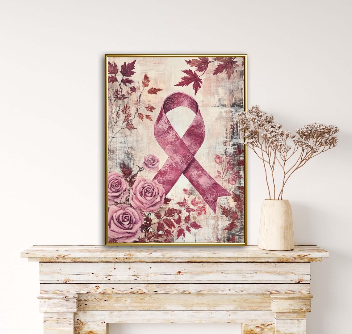 Breast Cancer Awareness Floral Pink Ribbon Art Print - Image 2
