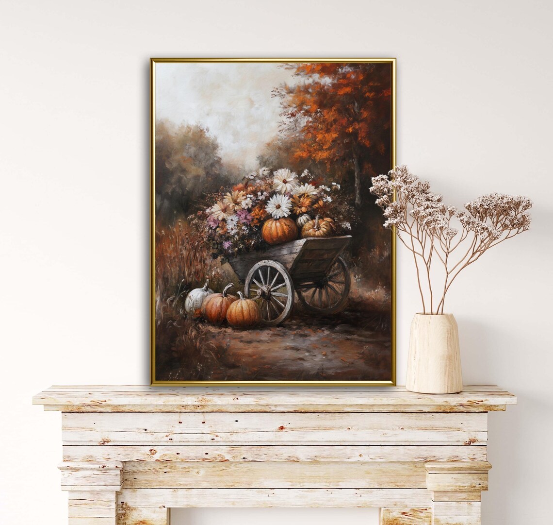 Rustic Wooden Cart With Pumpkins and Autumn Flowers Dark Forest Wall Art - Image 3