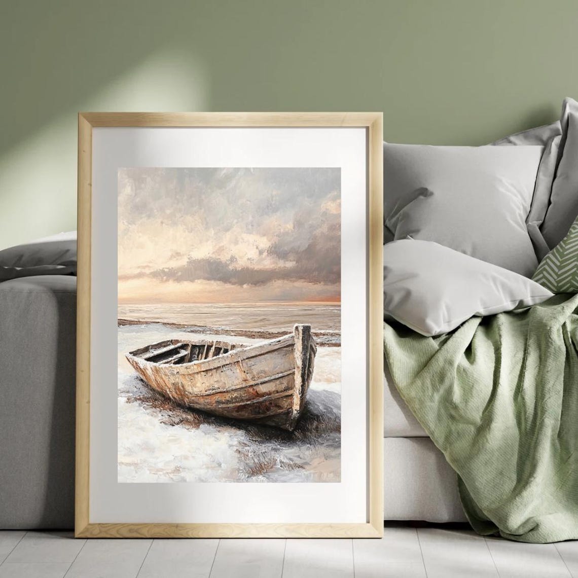 Weathered Wooden Rowboat On Snowy Beach Winter Sunset Seascape Poster - Image 3