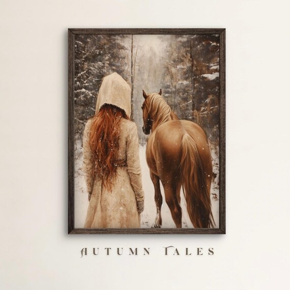 Red Haired Girl With Chestnut Horse In Snowy Forest Winter Art Painting Poster