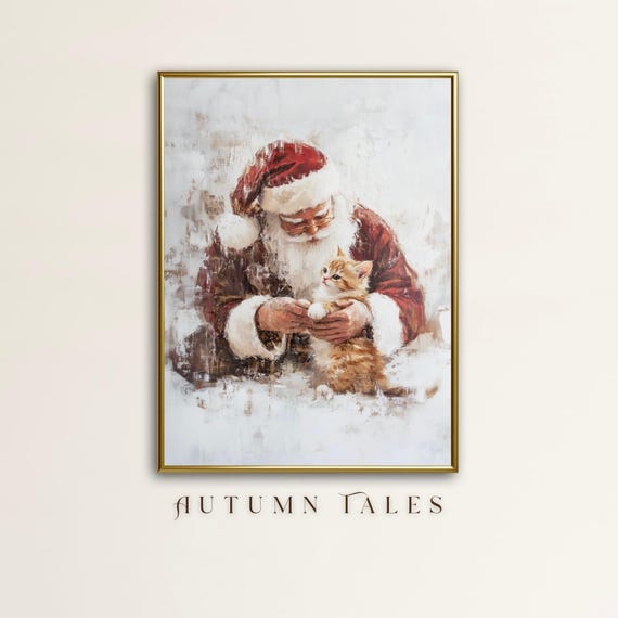 Vintage Christmas Wall Art Print Of Santa Clause With A Cute Kitten Rustic Winter Festive Home Decor Cozy Moody Animal Print