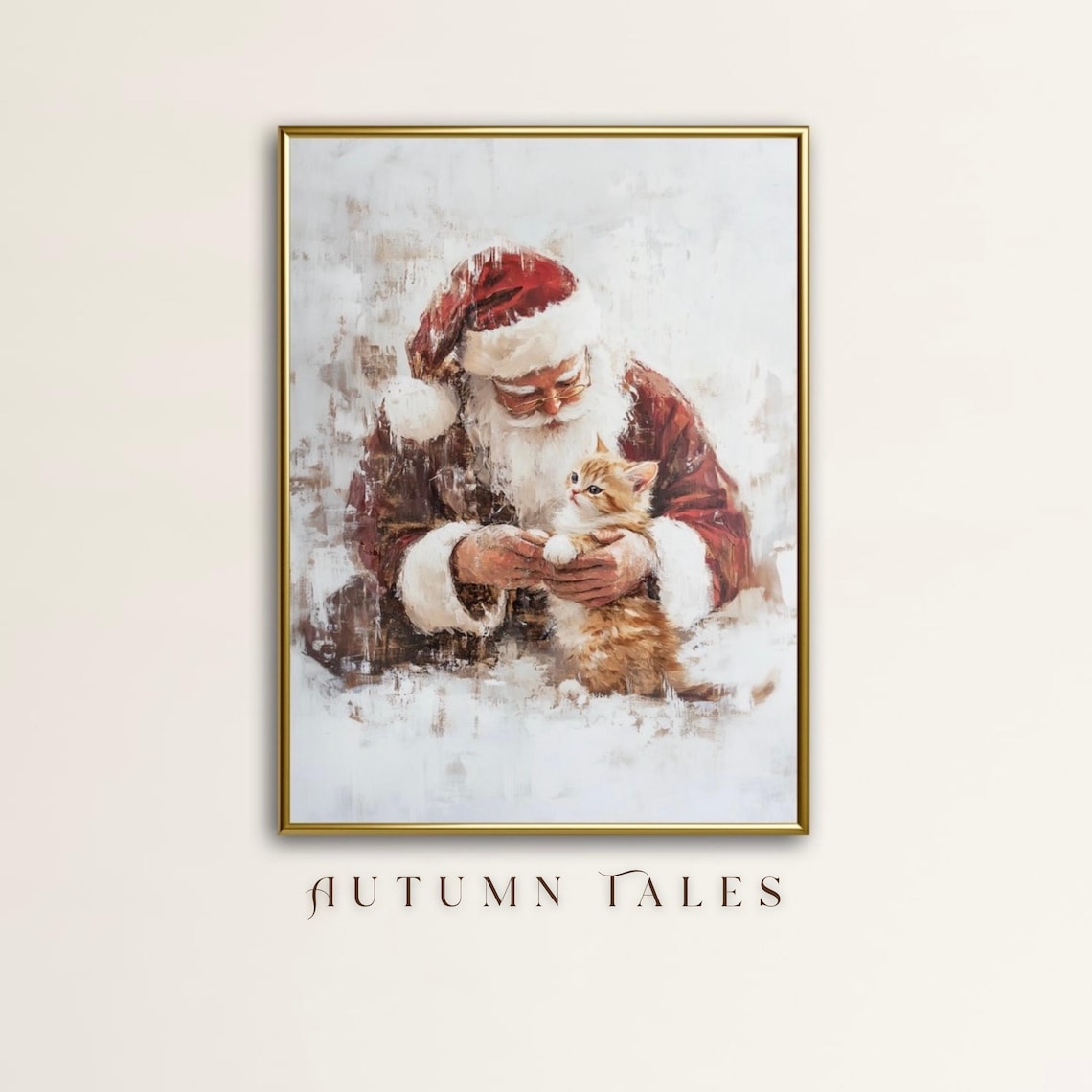 Santa Claus Holding an Orange Kitten in the Snow Christmas Poster