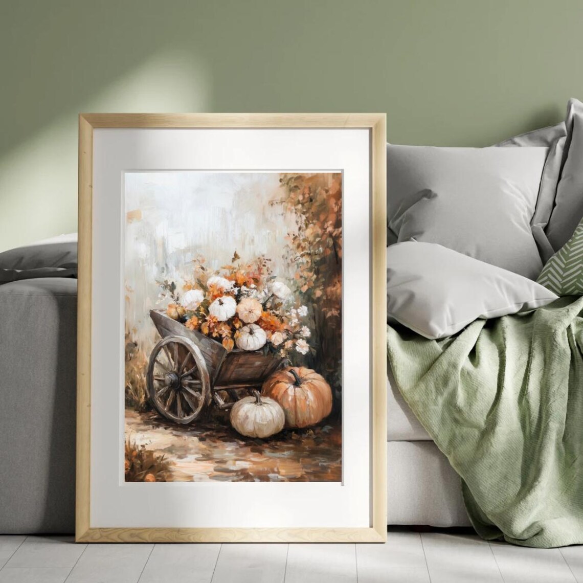 Wooden Wheelbarrow Overflowing With Pumpkins Flowers Fall Style Wall Art - Image 4