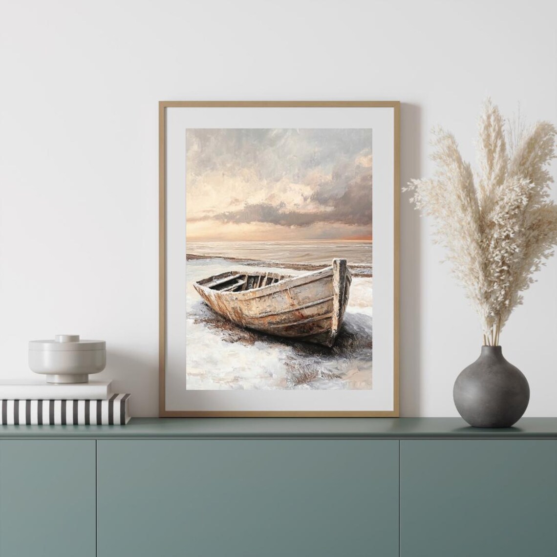 Weathered Wooden Rowboat On Snowy Beach Winter Sunset Seascape Poster - Image 4