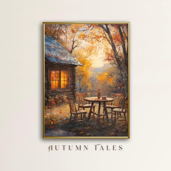 Fall Cottagecore Cozy Landscape Wall Art Print Farmhouse Decor Vintage Antique Warm Earthy Tone Cottage In Forest Print