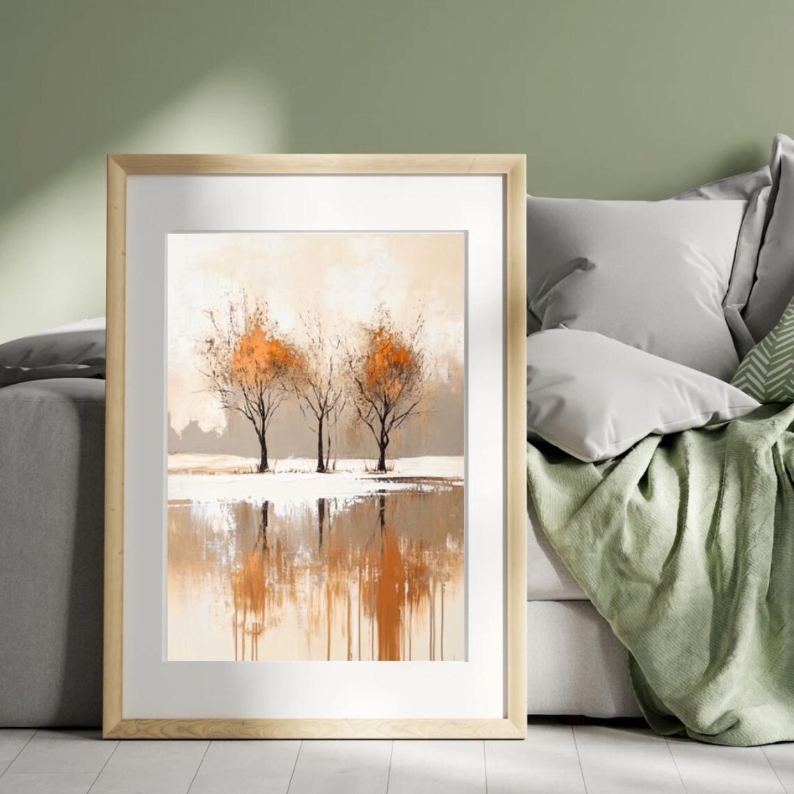 Minimalist Autumn Trees With Orange Foliage Beside Reflective Lake Art Poster - Image 5