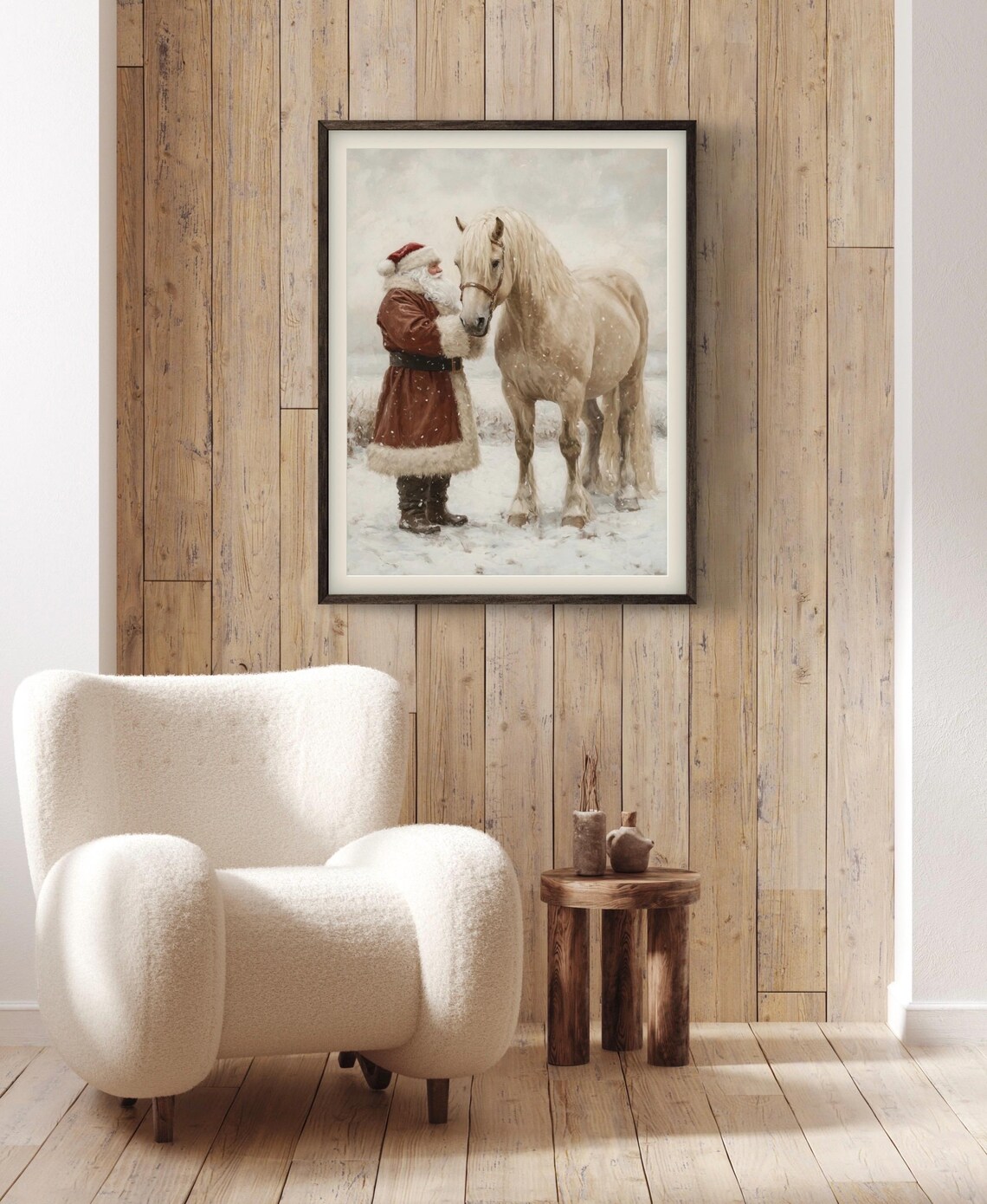 Vintage Santa Beige Clydesdale Horse Christmas Art Print - Image 2