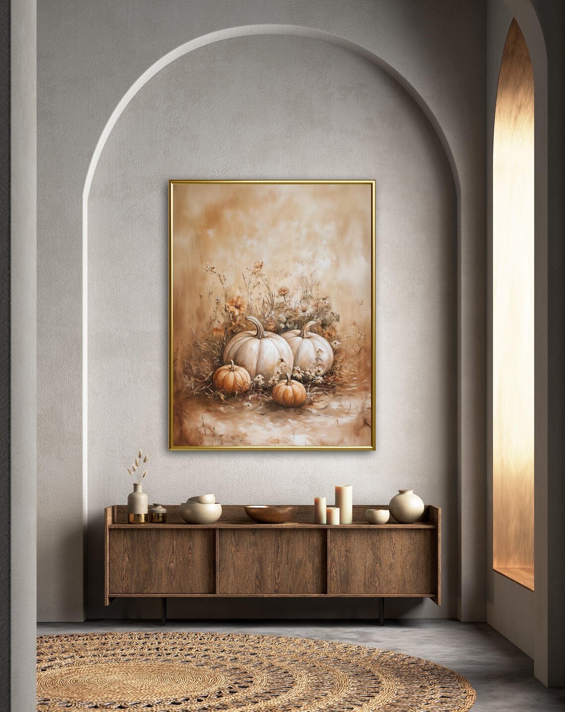 White Pumpkins Wildflower Still Life Autumn Farmhouse Neutral Tones Wall Art - Image 3