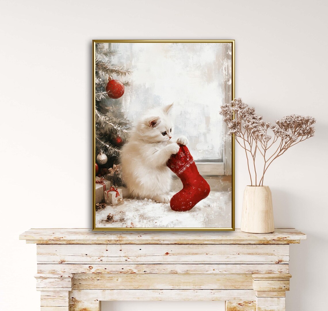 Christmas Kitten With Stocking, Festive Home Decor - Image 5